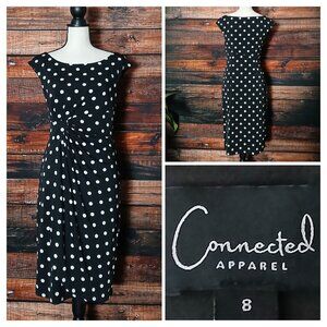 Connected Apparel Dress Size 8 Black White Polka Dot Faux Wrap Boat Neck Stretch
